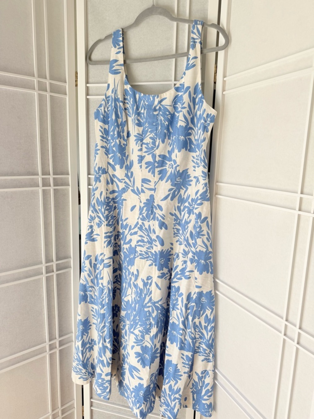 Blue Floral Sleeveless linen Summer Dress - White & Blue
